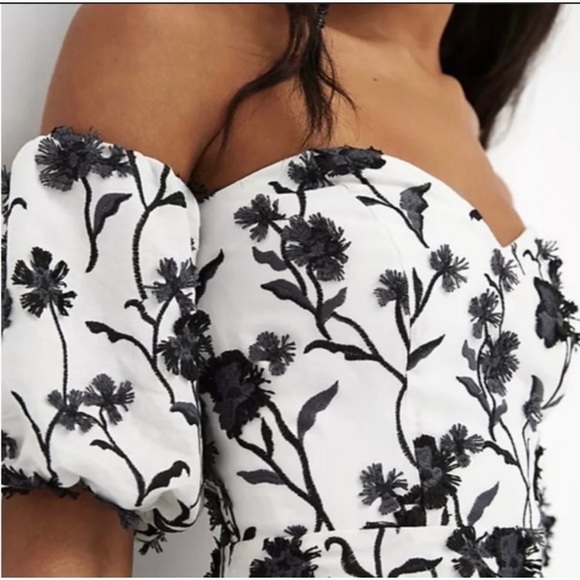 Anthropologie Off the Shoulder Floral Black and White Embroidered Dress - Picture 3 of 8